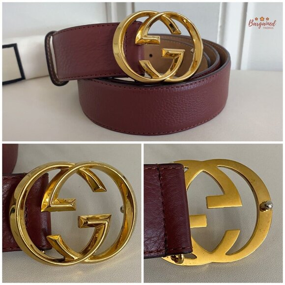 Authentic Gucci Red Pebbled Leather Gold Interlocking G Buckle Belt 95/38 - Picture 2 of 13